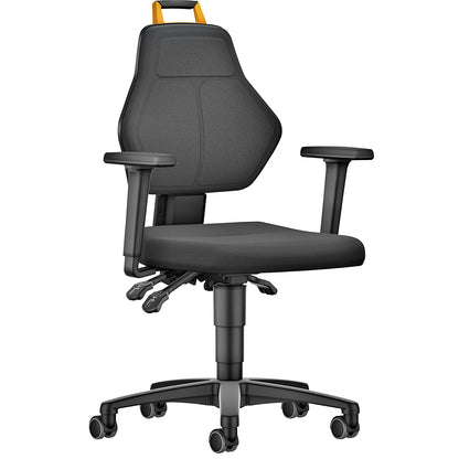 Industrial swivel chair, black, with castors, fabric cover.