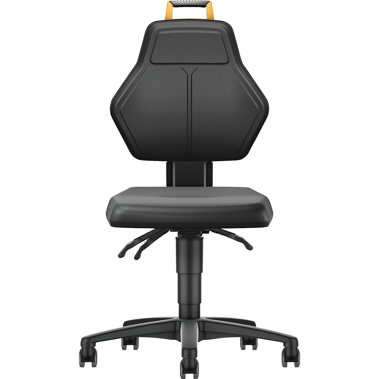 Industrial swivel chair, black, with castors, vinyl cover.