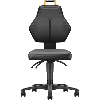Industrial swivel chair, black, with castors, vinyl cover.