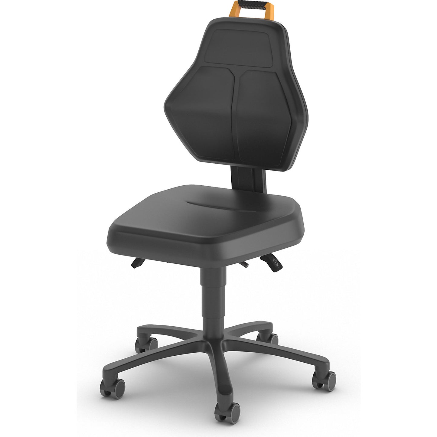 Industrial swivel chair, black, with castors, PU foam upholstery.