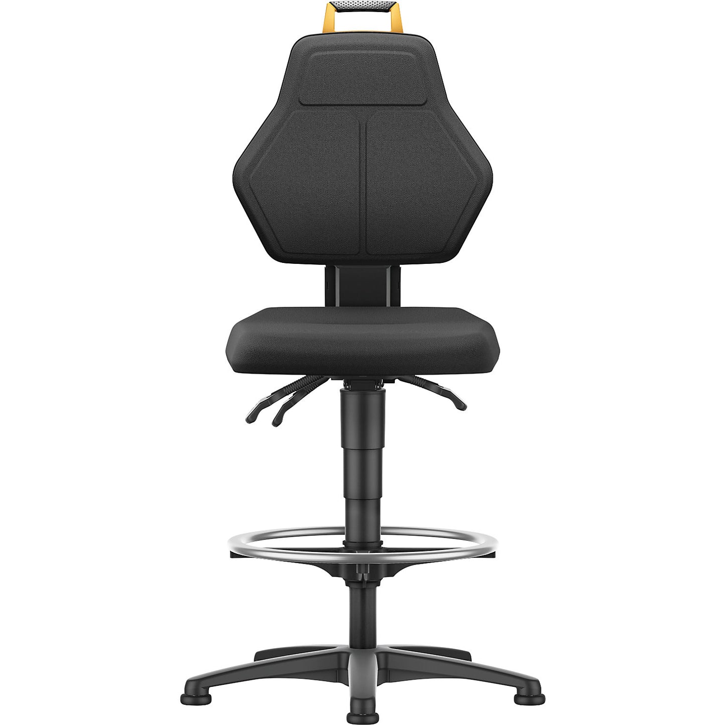Industrial swivel chair, black, high chair with floor glides and foot ring, fabric cover.