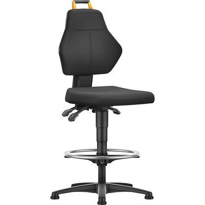 Industrial swivel chair, black, high chair with floor glides and foot ring, fabric cover.