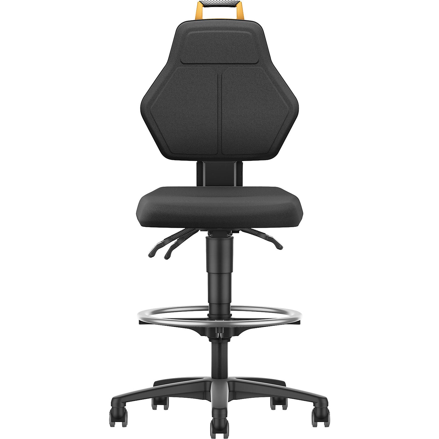 Industrial swivel chair, black, with sit-stop castors and foot ring, fabric cover.