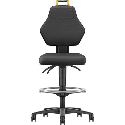 Industrial swivel chair, black, with sit-stop castors and foot ring, fabric cover.