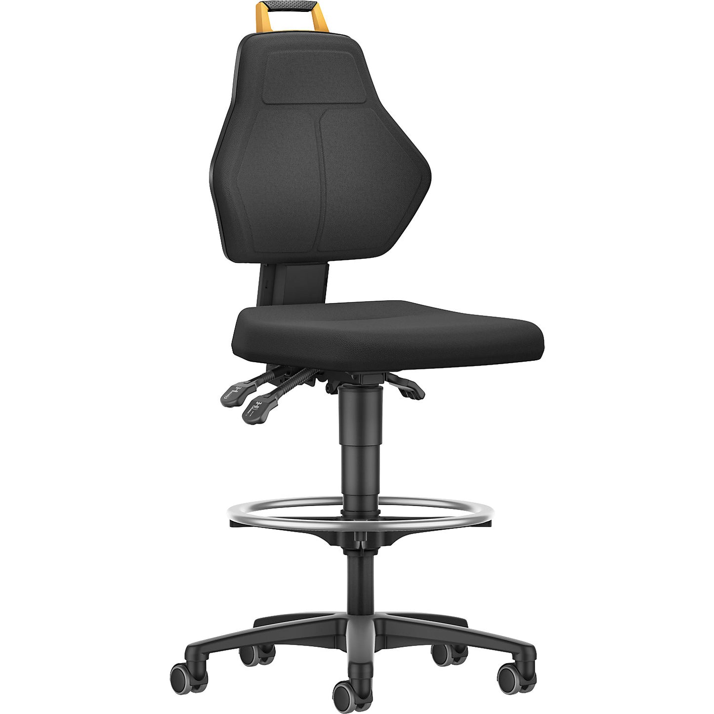 Industrial swivel chair, black, with sit-stop castors and foot ring, fabric cover.