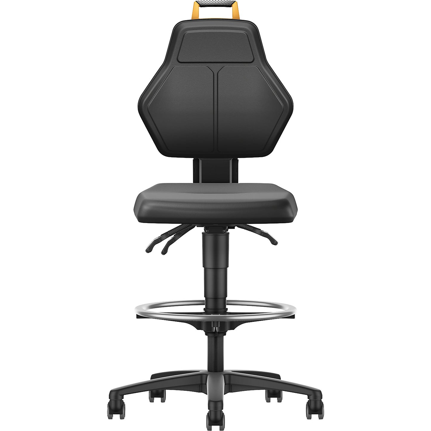 Industrial swivel chair, black, with sit-stop castors and foot ring, vinyl cover.