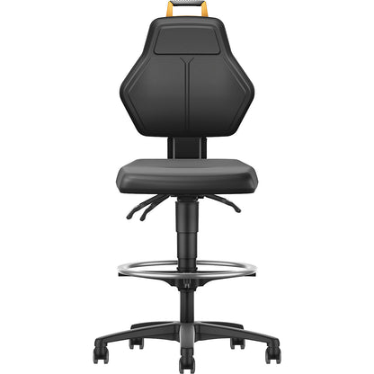 Industrial swivel chair, black, with sit-stop castors and foot ring, vinyl cover.