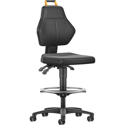Industrial swivel chair, black, with sit-stop castors and foot ring, vinyl cover.
