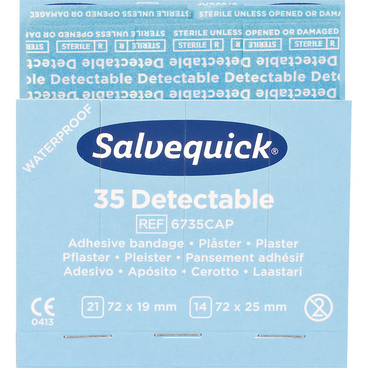 Refill for SALVEQUICK, 6 packs of plaster strips, detectable, 35 each, pack of 6.