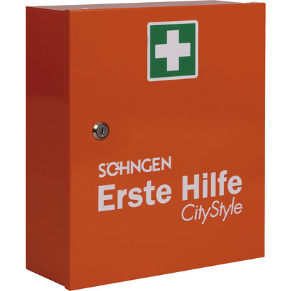 HEIDELBERG City Style first aid cabinet to DIN 13157, HxWxD 362 x 302 x 140 mm, with contents, orange.