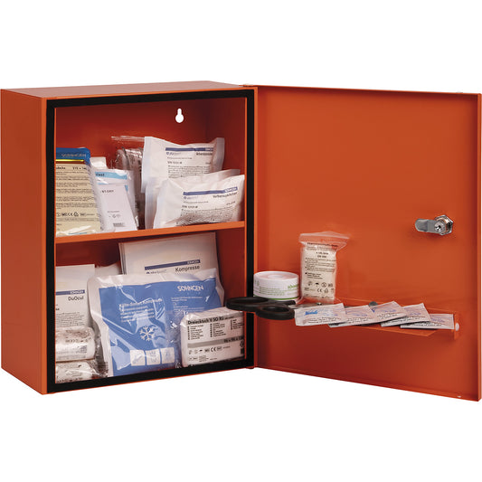 HEIDELBERG City Style first aid cabinet to DIN 13157, HxWxD 362 x 302 x 140 mm, with contents, orange.