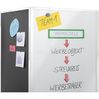 Mobile information stand, with 4 double swivel castors with wheel stops, grey fabric, whiteboard.