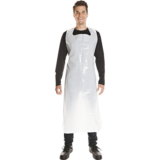 LDPE disposable apron, white, smooth polyethylene, pack of 1000, LxW 1250 x 700 mm.