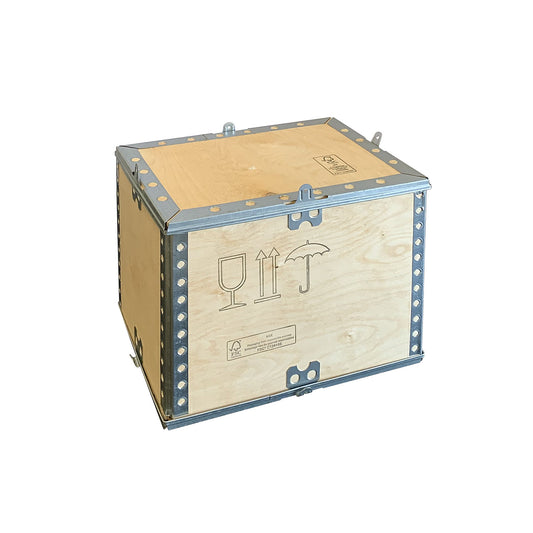 Standard collapsible wooden box, with top, external LxWxH 400 x 300 x 270 mm.