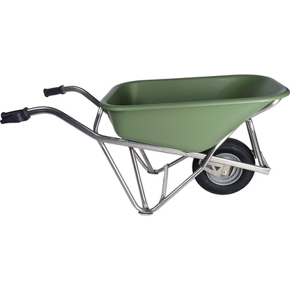 Profi-Max Plus wheel barrow, made of aluminium, 90 litres, HDPE tray, green, 4-ply pneumatic tyres.
