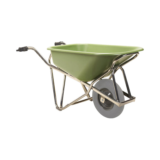 Profi-Max Plus wheel barrow, made of aluminium, 90 litres, HDPE tray, green, puncture proof tyres.