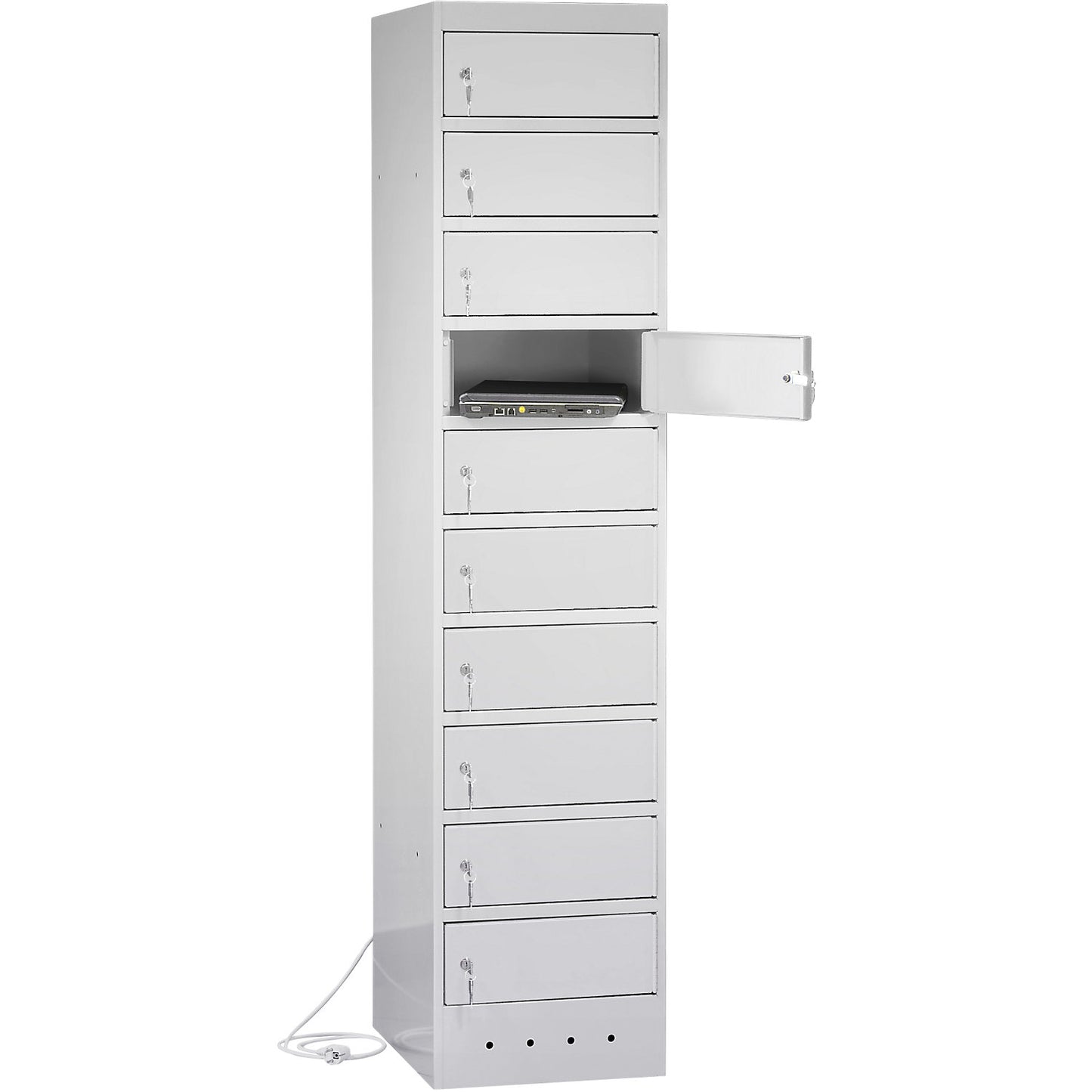 Laptop charging cabinet, with 10 compartments, light grey / light grey.