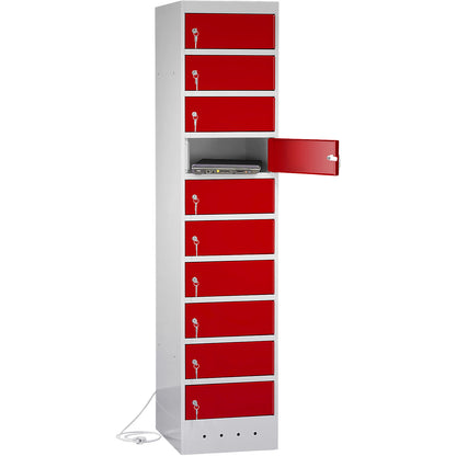 Laptop charging cabinet, with 10 compartments, light grey / traffic red.