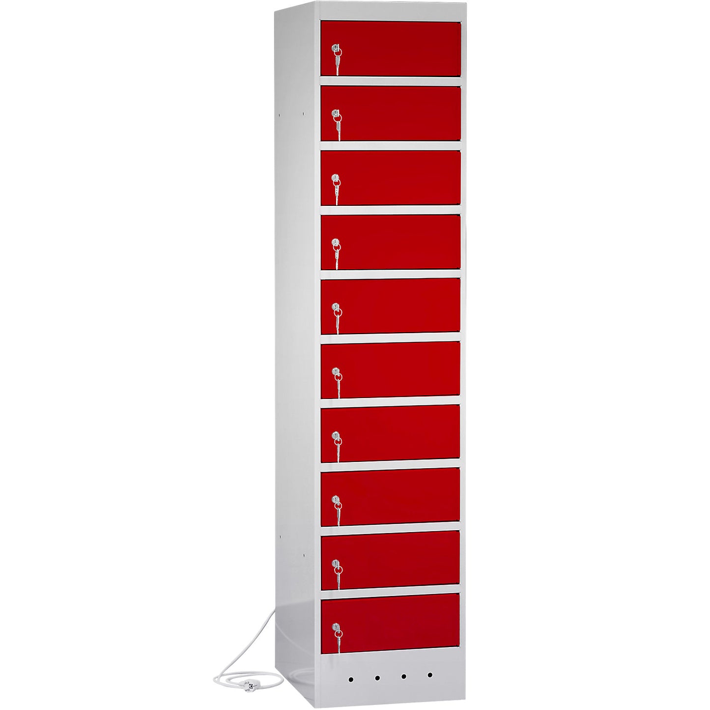 Laptop charging cabinet, with 10 compartments, light grey / traffic red.