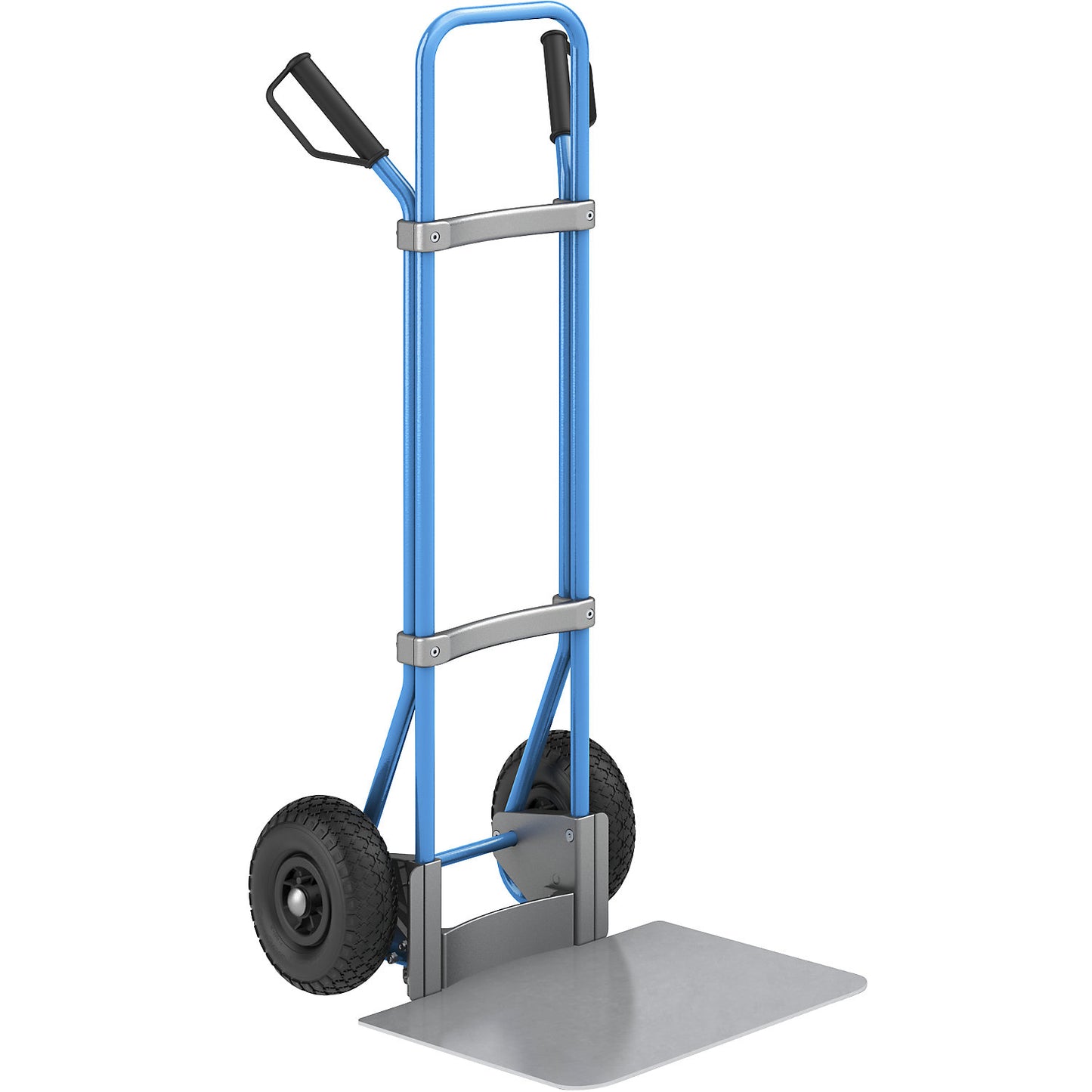 Sack truck, blue, footplate WxD 450 x 500 mm, zinc plated, pneumatic tyres.