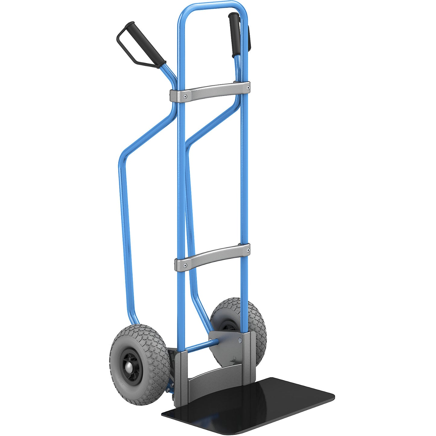 Sack truck with runners, blue, footplate WxD 450 x 350 mm, black, PU tyres.