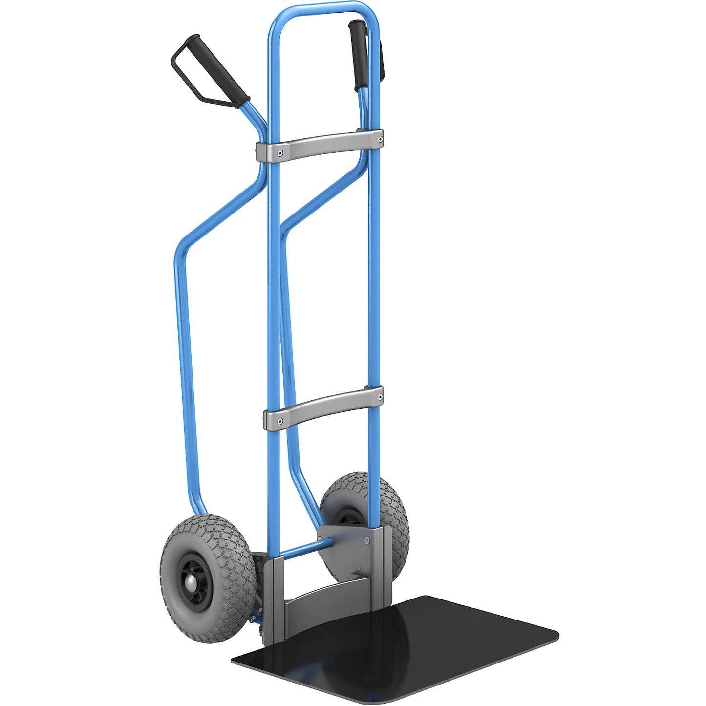 Sack truck with runners, blue, footplate WxD 450 x 500 mm, black, PU tyres.
