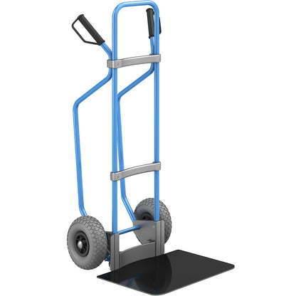 Sack truck with runners, blue, footplate WxD 450 x 500 mm, black, PU tyres.