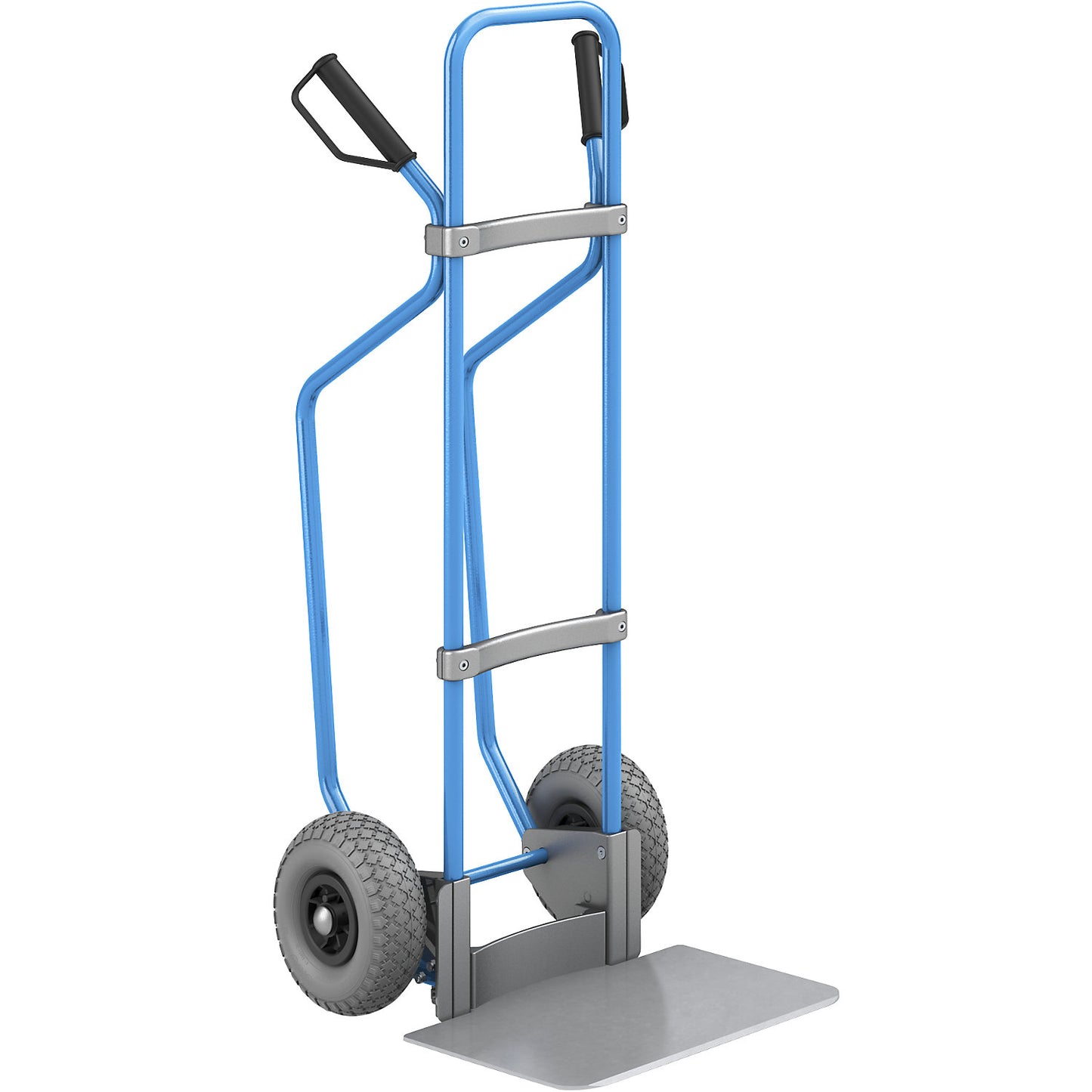 Sack truck with runners, blue, footplate WxD 450 x 350 mm, zinc plated, PU tyres.