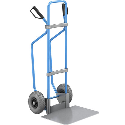 Sack truck with runners, blue, footplate WxD 450 x 500 mm, zinc plated, PU tyres.