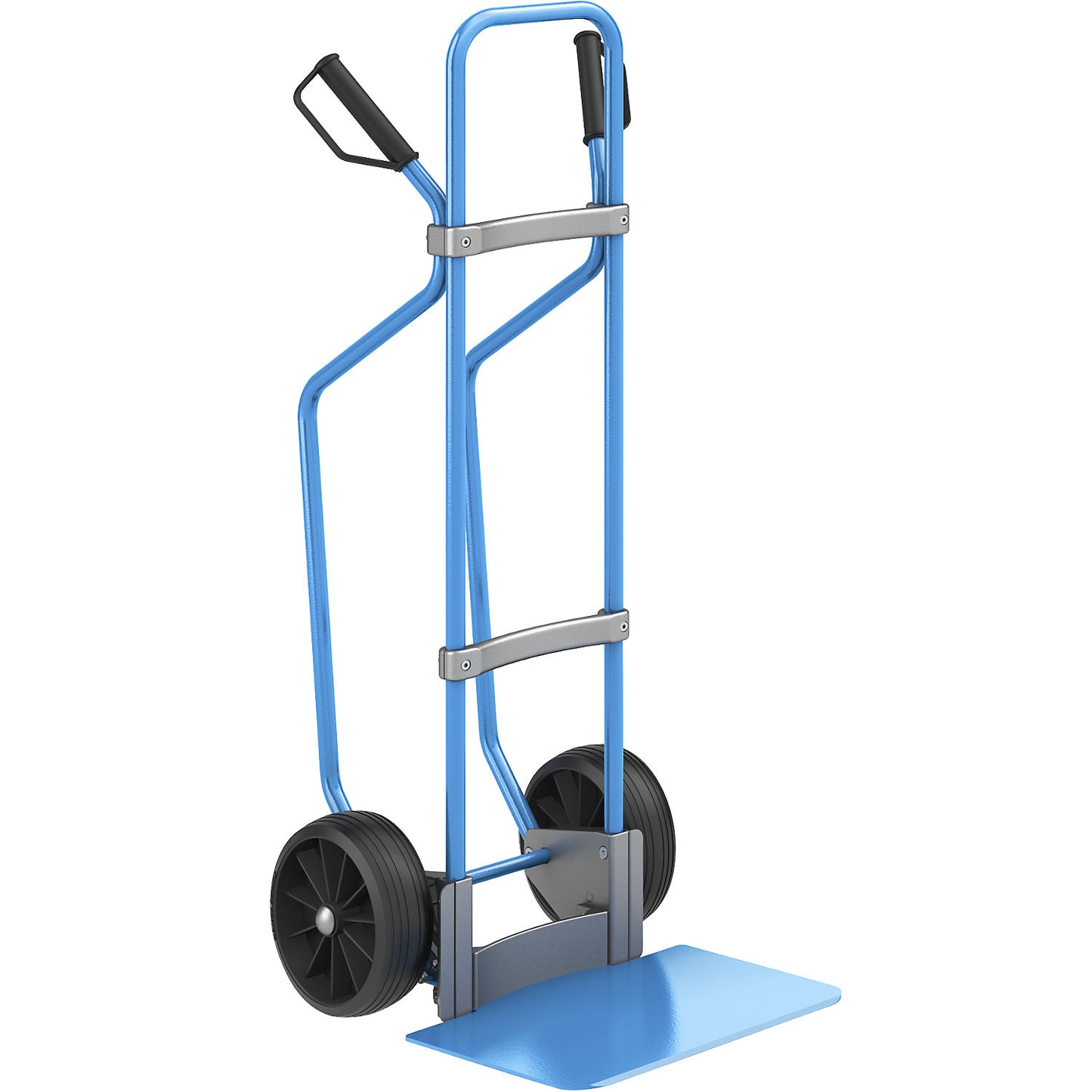 Sack truck with runners, blue, footplate WxD 450 x 350 mm, blue, solid rubber tyres.