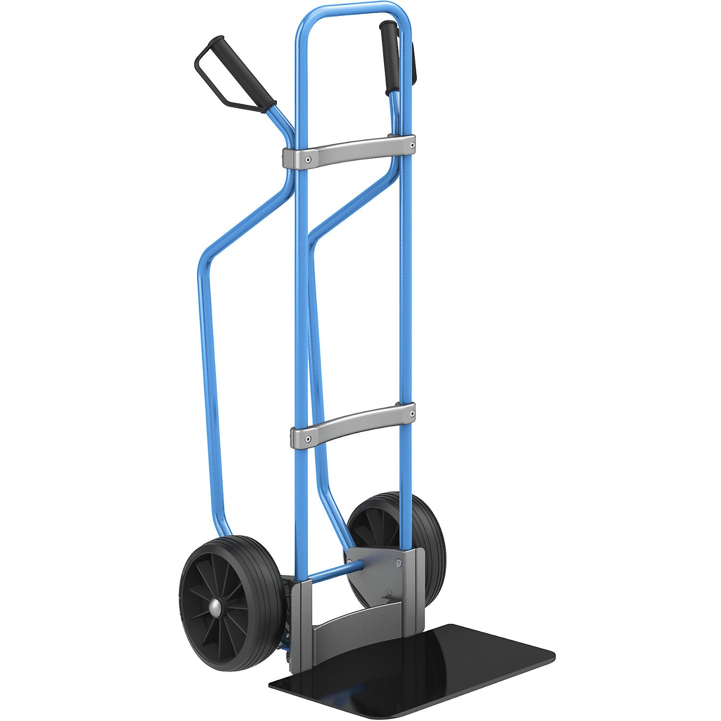 Sack truck with runners, blue, footplate WxD 450 x 350 mm, black, solid rubber tyres.