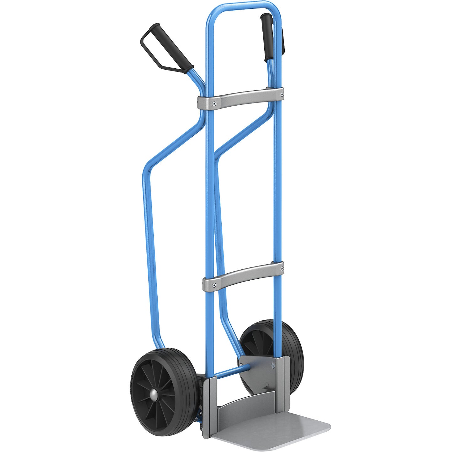 Sack truck with runners, blue, footplate WxD 280 x 250 mm, zinc plated, solid rubber tyres.