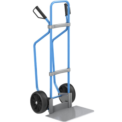 Sack truck with runners, blue, footplate WxD 450 x 350 mm, zinc plated, solid rubber tyres.