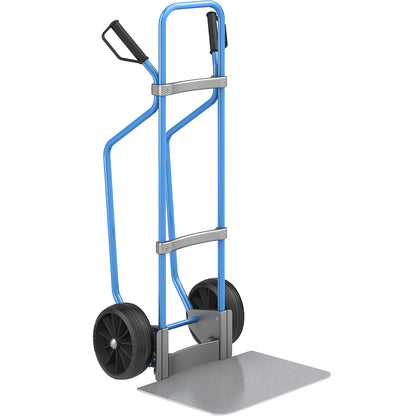 Sack truck with runners, blue, footplate WxD 450 x 500 mm, zinc plated, solid rubber tyres.
