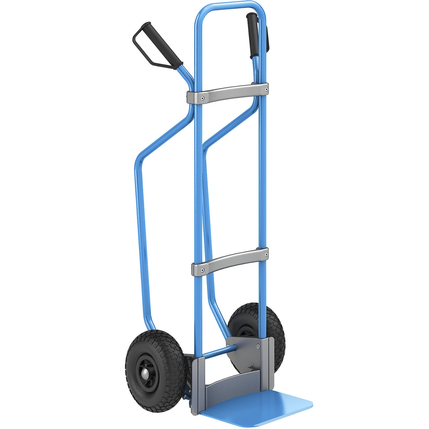 Sack truck with runners, blue, footplate WxD 280 x 250 mm, blue, pneumatic tyres.