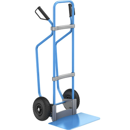 Sack truck with runners, blue, footplate WxD 450 x 350 mm, blue, pneumatic tyres.