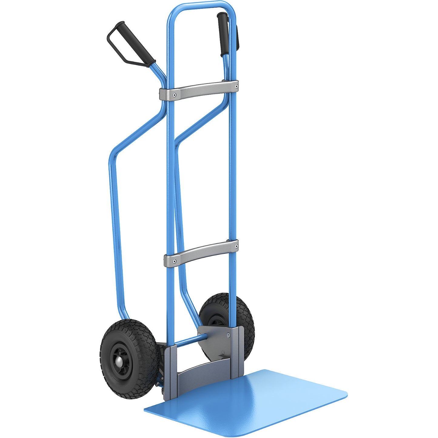 Sack truck with runners, blue, footplate WxD 450 x 500 mm, blue, pneumatic tyres.