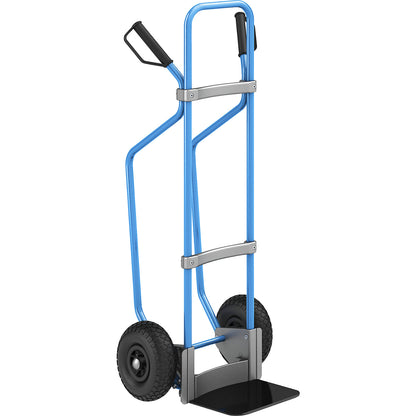 Sack truck with runners, blue, footplate WxD 280 x 250 mm, black, pneumatic tyres.