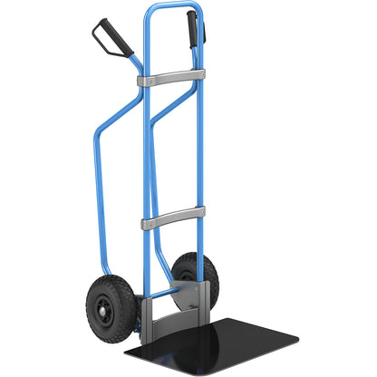 Sack truck with runners, blue, footplate WxD 450 x 500 mm, black, pneumatic tyres.
