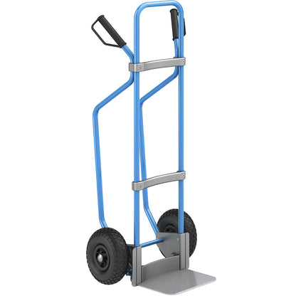 Sack truck with runners, blue, footplate WxD 280 x 250 mm, zinc plated, pneumatic tyres.