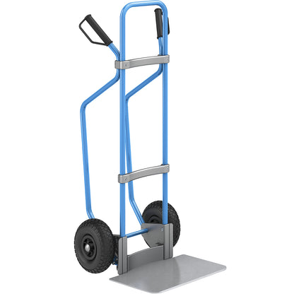 Sack truck with runners, blue, footplate WxD 450 x 350 mm, zinc plated, pneumatic tyres.