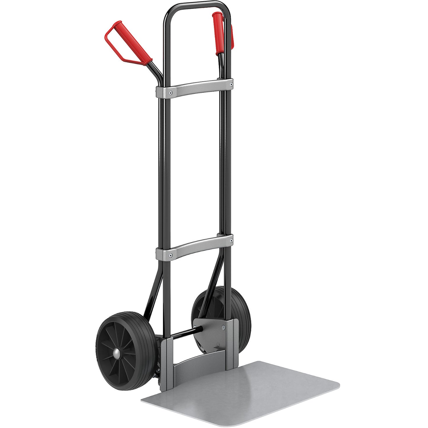 Sack truck, black, footplate WxD 450 x 500 mm, zinc plated, solid rubber tyres.
