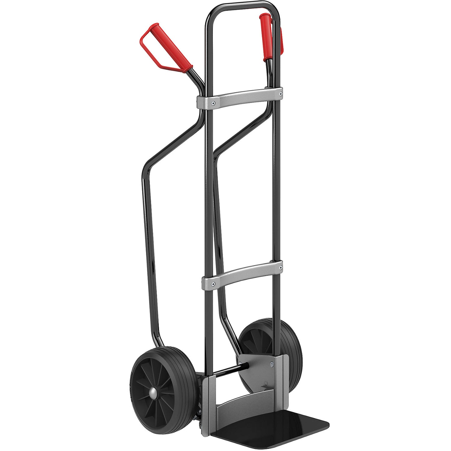 Sack truck with runners, black, footplate WxD 280 x 250 mm, black, solid rubber tyres.