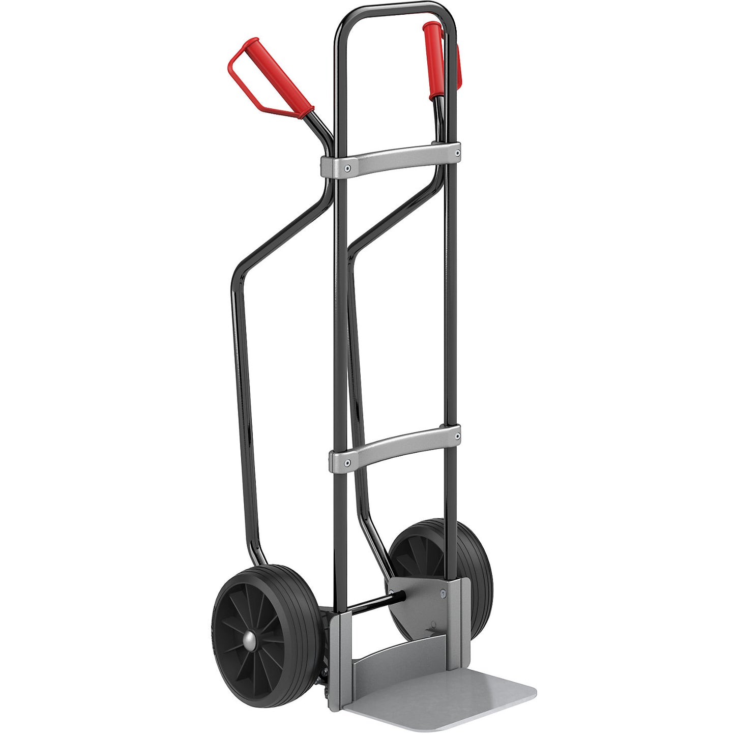 Sack truck with runners, black, footplate WxD 280 x 250 mm, zinc plated, solid rubber tyres.
