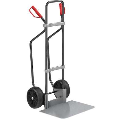 Sack truck with runners, black, footplate WxD 450 x 500 mm, zinc plated, solid rubber tyres.