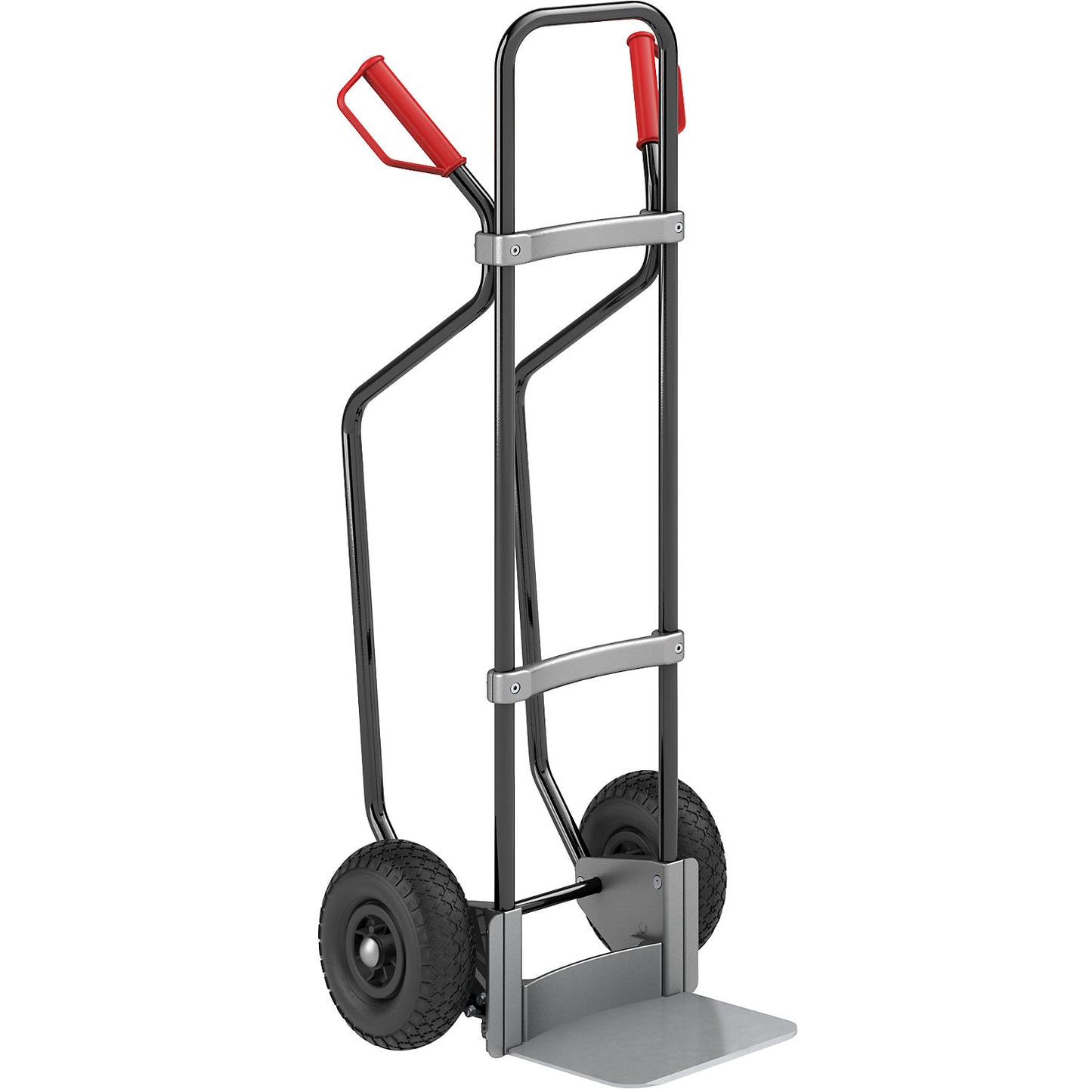 Sack truck with runners, black, footplate WxD 280 x 250 mm, zinc plated, pneumatic tyres.