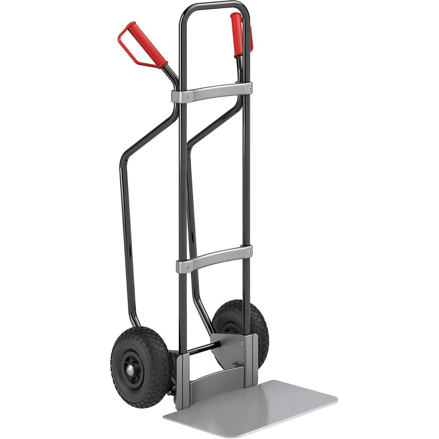 Sack truck with runners, black, footplate WxD 450 x 350 mm, zinc plated, pneumatic tyres.