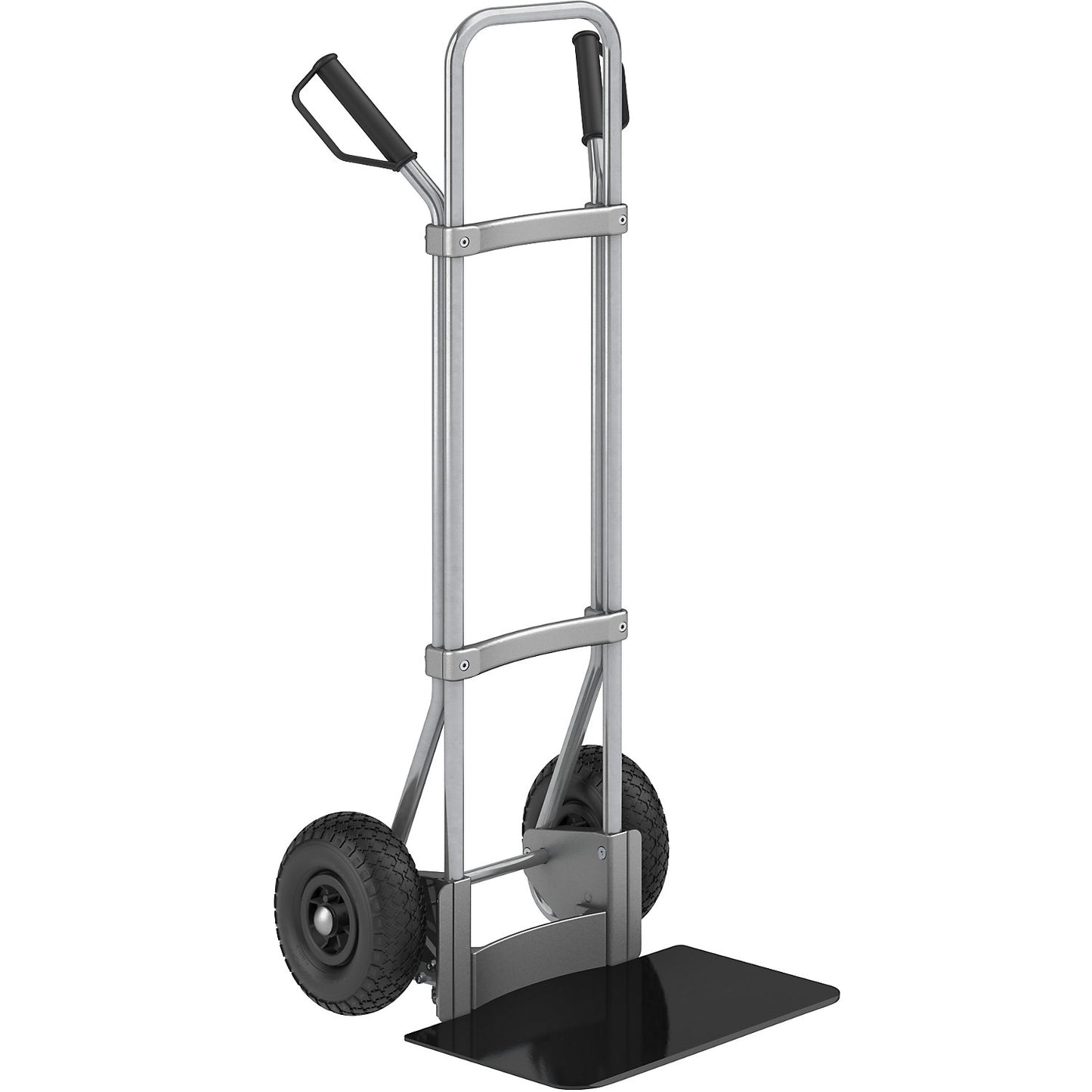 Sack truck, zinc plated, footplate WxD 450 x 350 mm, black, pneumatic tyres.