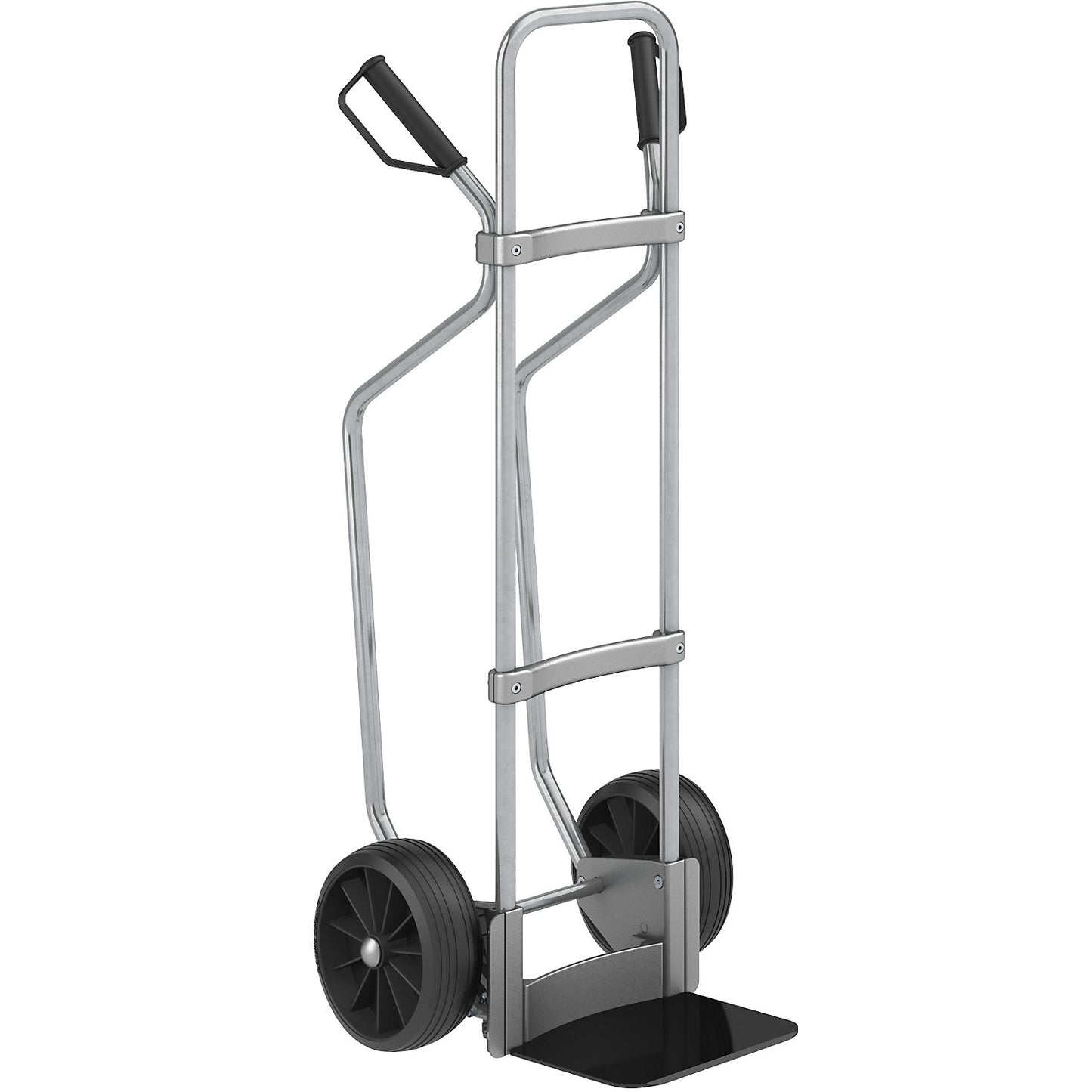 Sack truck with runners, zinc plated, footplate WxD 280 x 250 mm, black, solid rubber tyres.