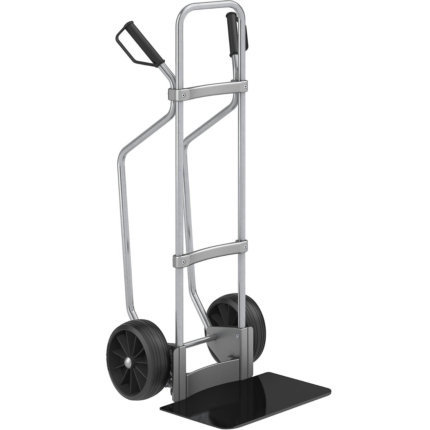 Sack truck with runners, zinc plated, footplate WxD 450 x 350 mm, black, solid rubber tyres.